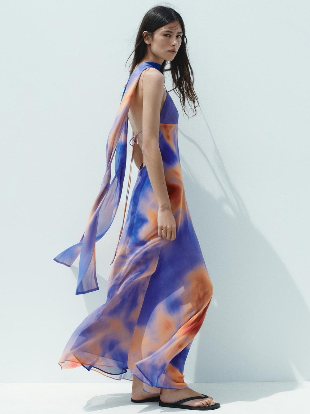 ZARA Blue & Orange Foulard Print Slip Maxi Dress w attached Scarf M NWT